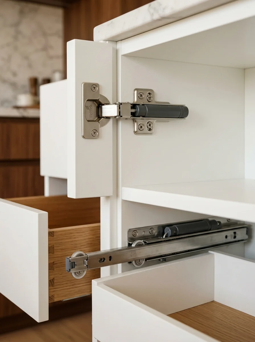 Hardware engsel slow-motion hidrolik soft-close dan rel laci undermount
