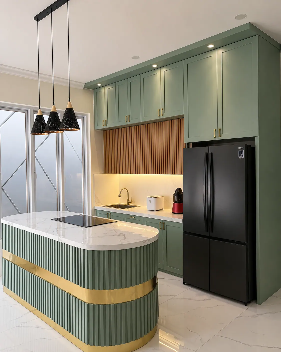 Kitchen set semi klasik dengan meja bar sarapan