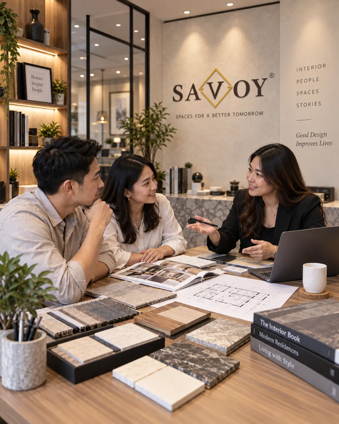 Konsultan SAVOY menjelaskan sampel material HPL kepada pasangan klien di studio